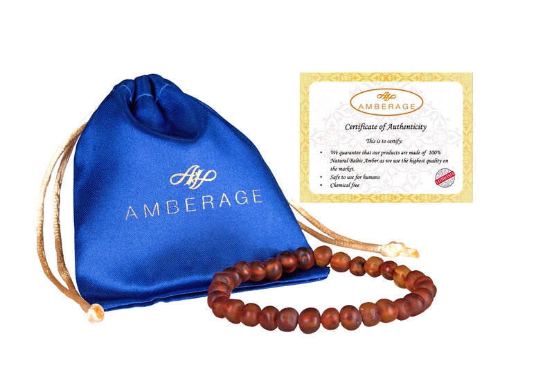 AMBERAGE Natural Baltic Amber Bracelet for Adults (Women/Men) - Hand Made from Raw-Unpolished/Certified Baltic Amber Beads(6 Colors) (8, Raw-Unpolished Cognac) - Image 2